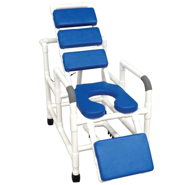 Reclining Total Blue Padding Shower Chair with Open Front Seat and  Elevated Leg Extension