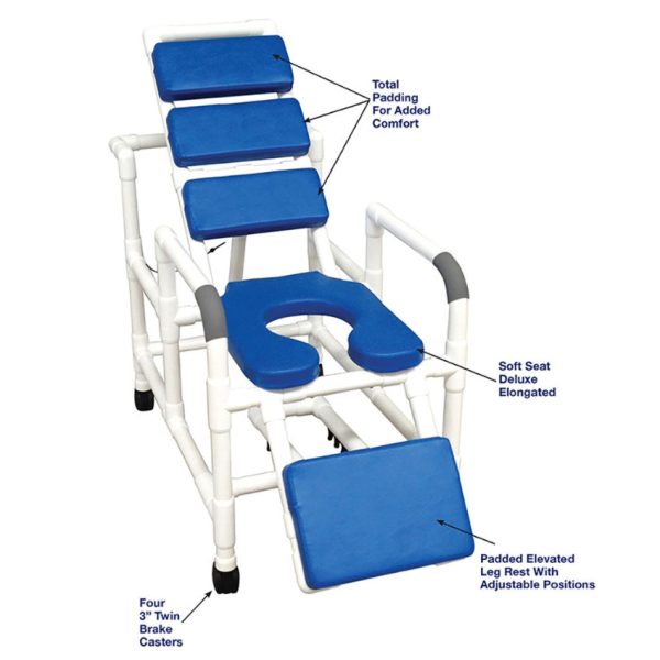 Reclining Total Blue Padding Shower Chair with Open Front Seat and  Elevated Leg Extension - Image 2